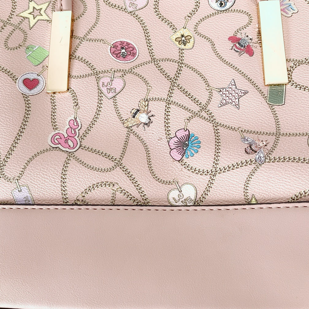 Pastel Pink Tote with All‑over Charm Chain Print & Detachable Strap