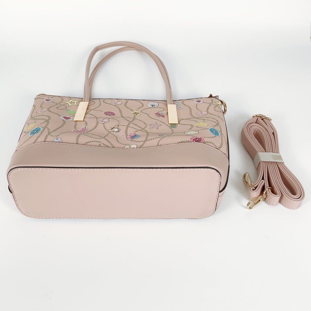 Pastel Pink Tote with All‑over Charm Chain Print & Detachable Strap