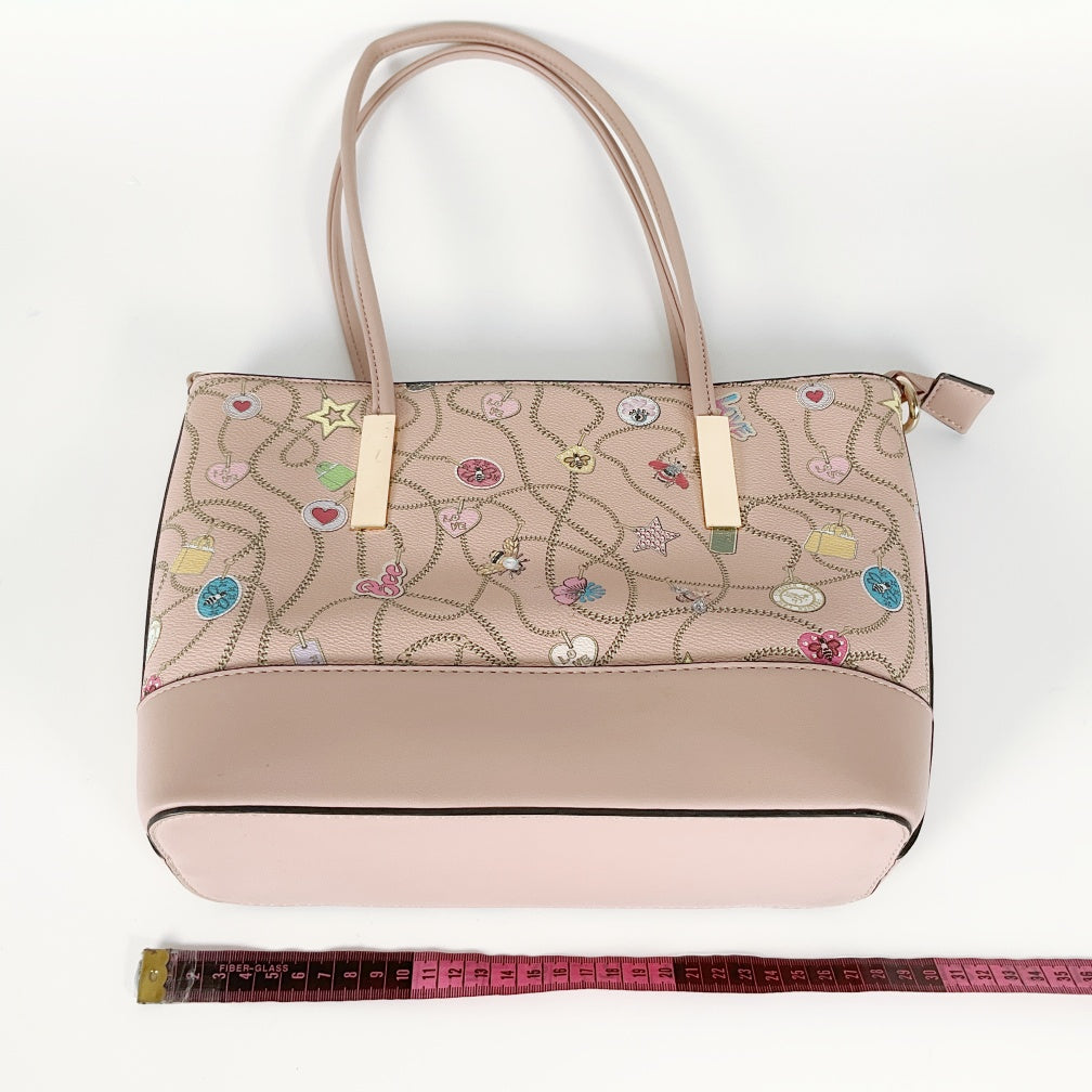 Pastel Pink Tote with All‑over Charm Chain Print & Detachable Strap