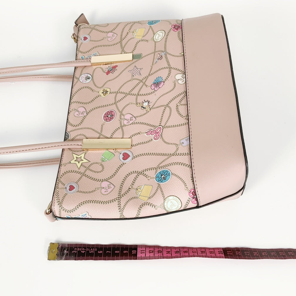 Pastel Pink Tote with All‑over Charm Chain Print & Detachable Strap