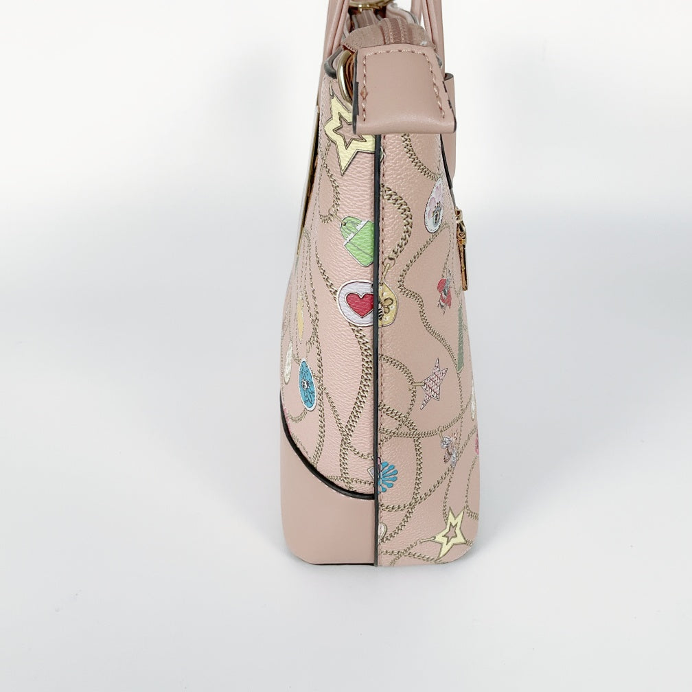 Pastel Pink Tote with All‑over Charm Chain Print & Detachable Strap