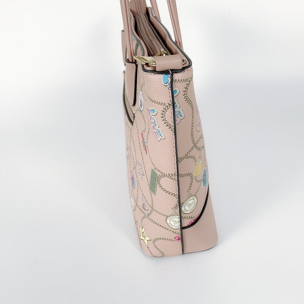 Pastel Pink Tote with All‑over Charm Chain Print & Detachable Strap