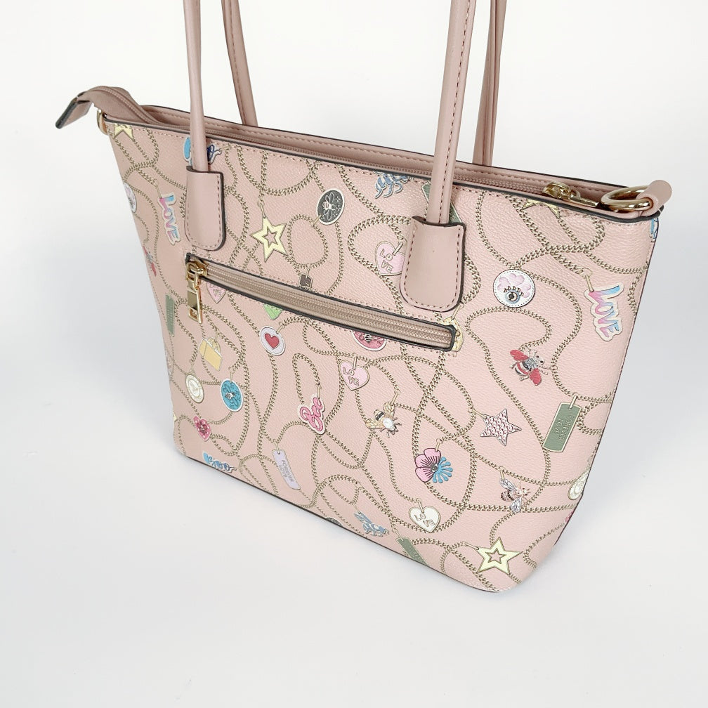 Pastel Pink Tote with All‑over Charm Chain Print & Detachable Strap