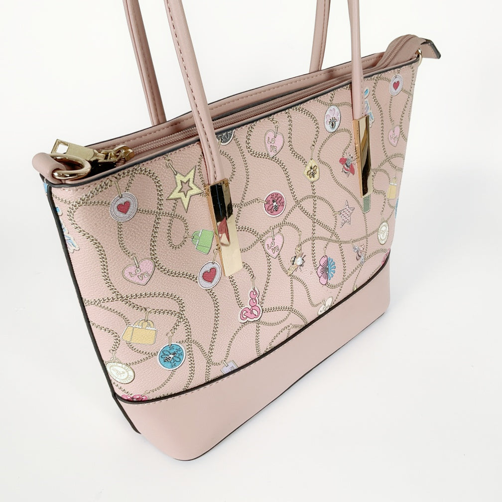 Pastel Pink Tote with All‑over Charm Chain Print & Detachable Strap