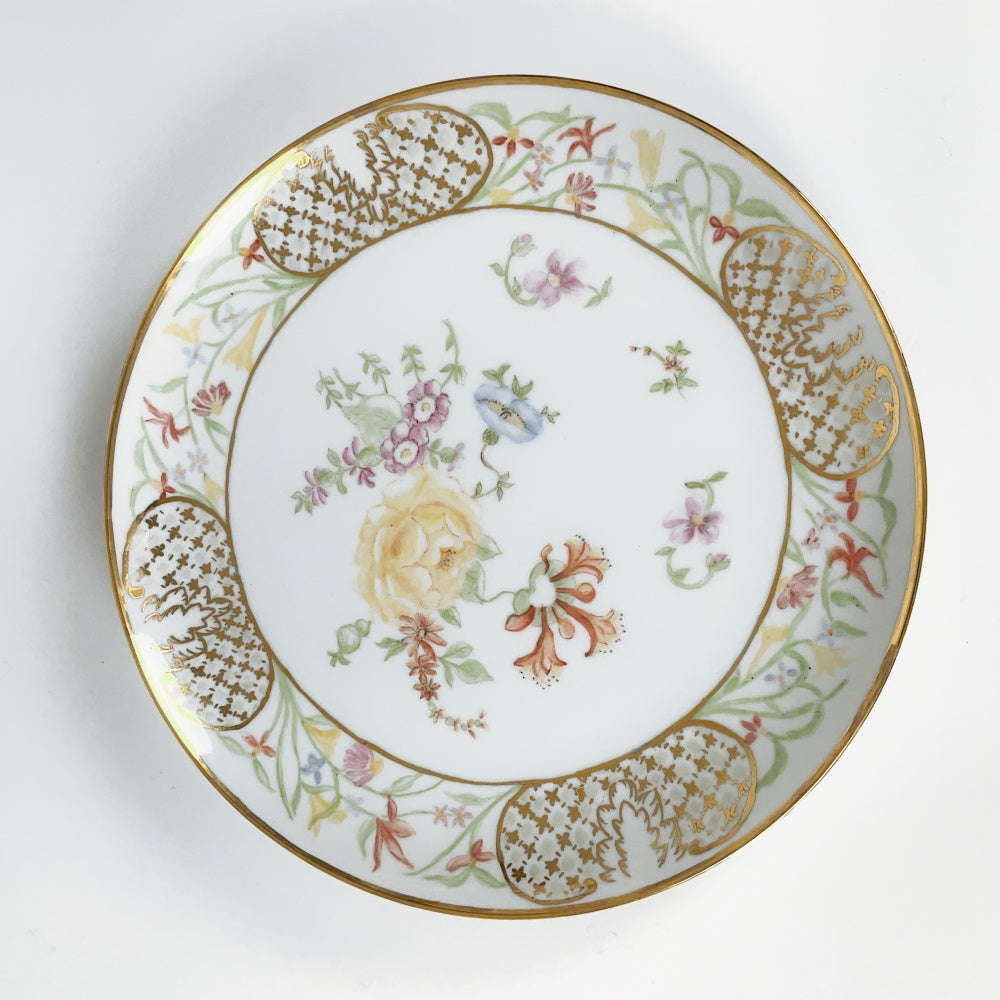 Vintage 1988 Hand-Painted Floral Porcelain Plate with Gold Trim