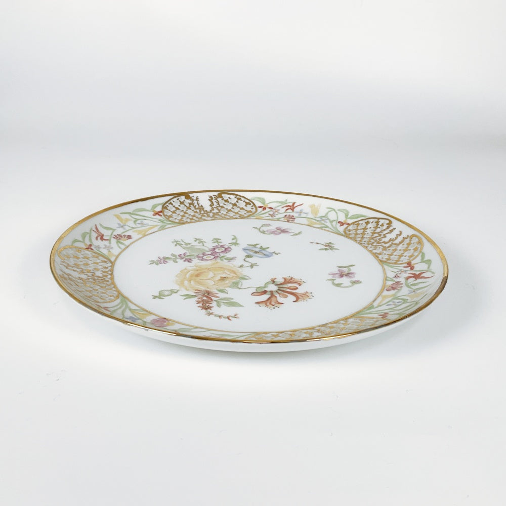 Vintage 1988 Hand-Painted Floral Porcelain Plate with Gold Trim