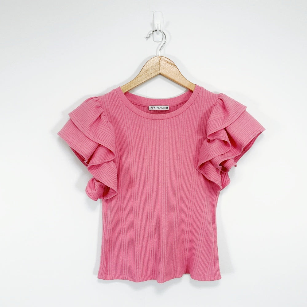 ZARA - Pink Ruffle‑Sleeve Ribbed Top