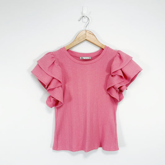 ZARA - Pink Ruffle‑Sleeve Ribbed Top