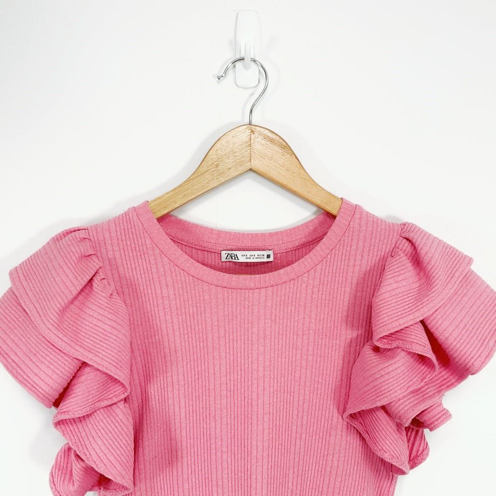 ZARA - Pink Ruffle‑Sleeve Ribbed Top
