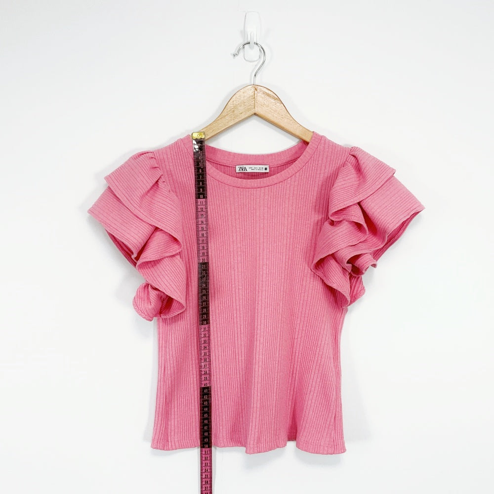 ZARA - Pink Ruffle‑Sleeve Ribbed Top