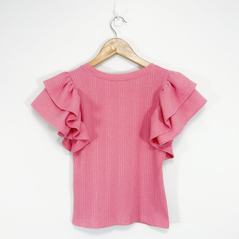 ZARA - Pink Ruffle‑Sleeve Ribbed Top