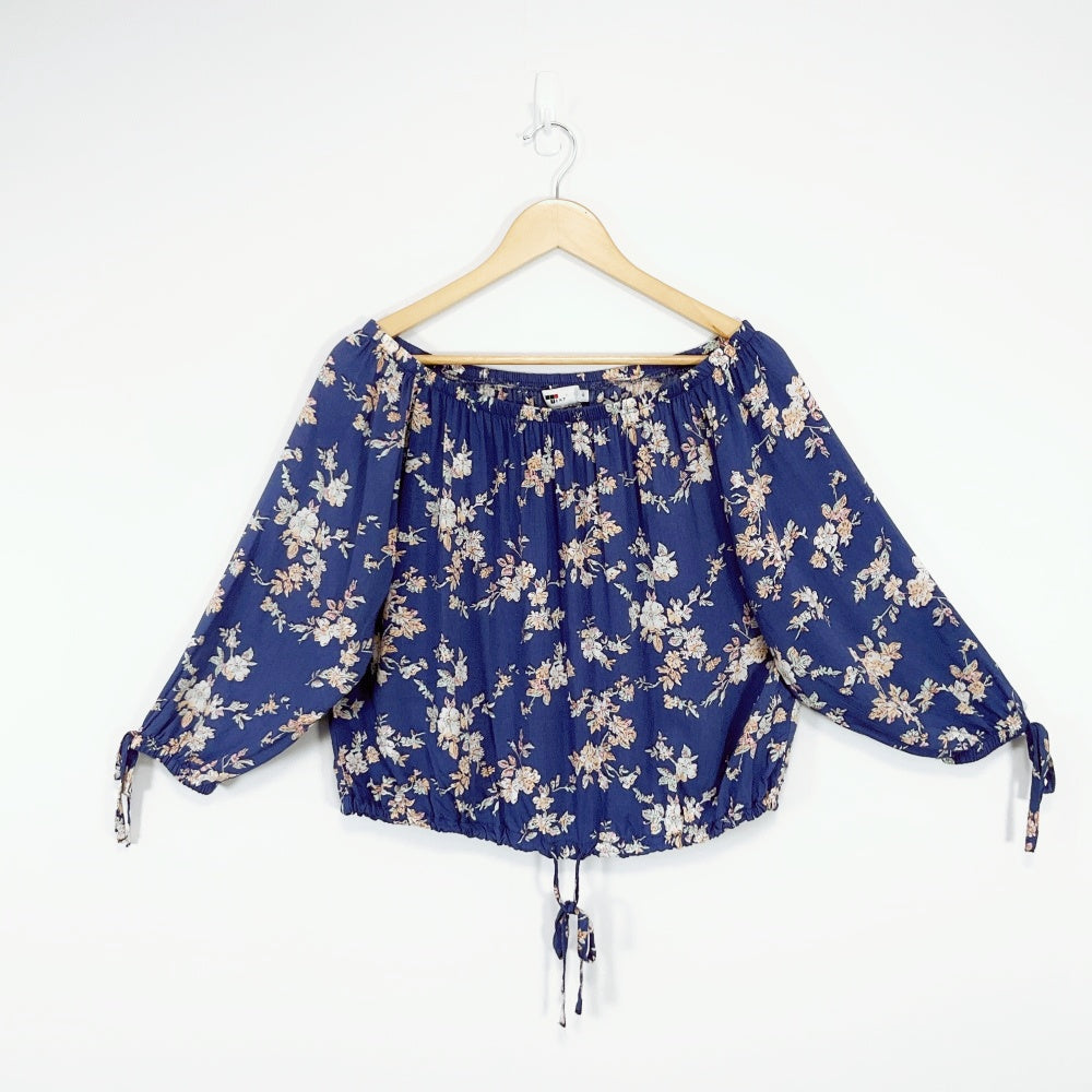 Temt - Navy Floral Viscose Off‑Shoulder Blouse