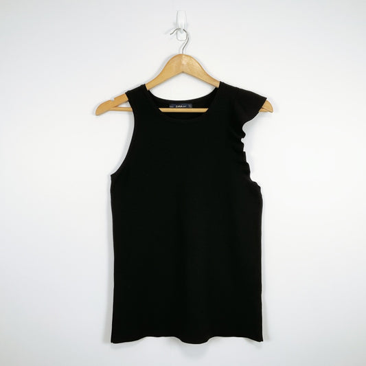 Zara Knit Asymmetric- Sleeve Black Top