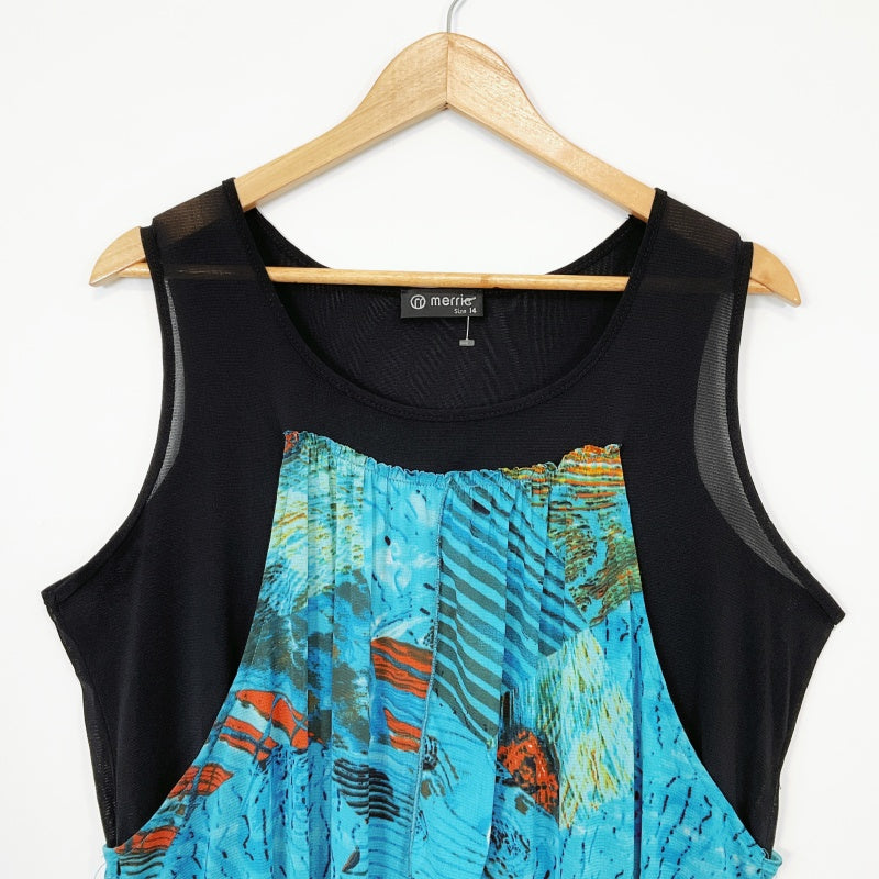 Merric- Black & Abstract Bule Overlay Sleeveless Tunic