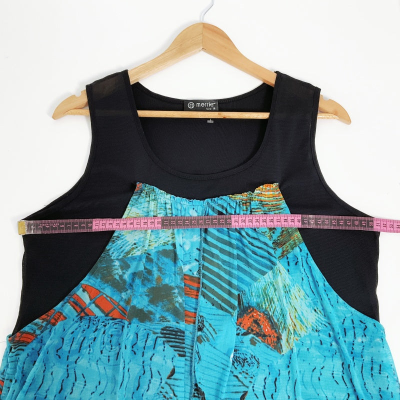 Merric- Black & Abstract Bule Overlay Sleeveless Tunic