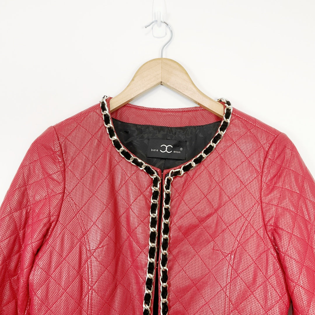 BARE ENON - Red Leather Coat with Chain Detail