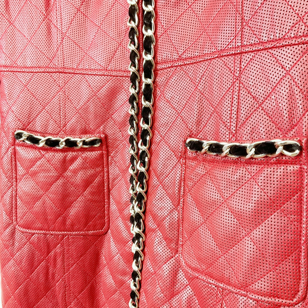 BARE ENON - Red Leather Coat with Chain Detail