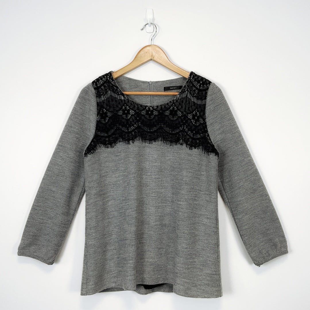 SWEET - Long Sleeve Lace Sweater in Grey