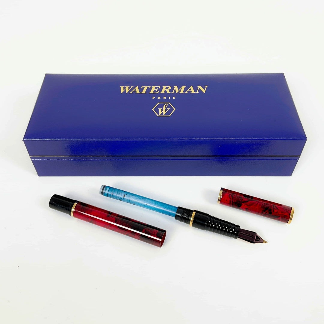 Waterman Laureat Fountain Pen Marble Red Medium Pt In Box