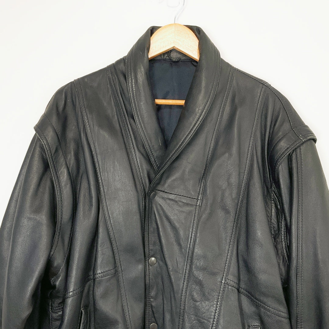 Men's Black Leather Jacket with Detachable Sleeves