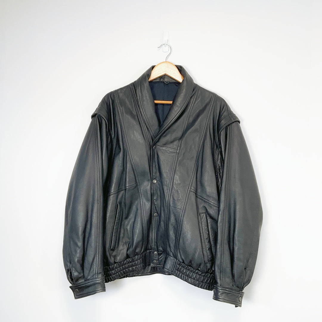 Men's Black Leather Jacket with Detachable Sleeves