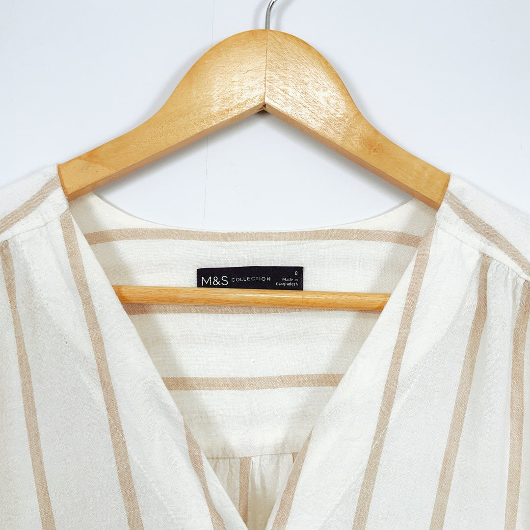 M&S Collection-MARKS AND SPENCER Soft White Striped Linen Blend Tunic Shirt Top