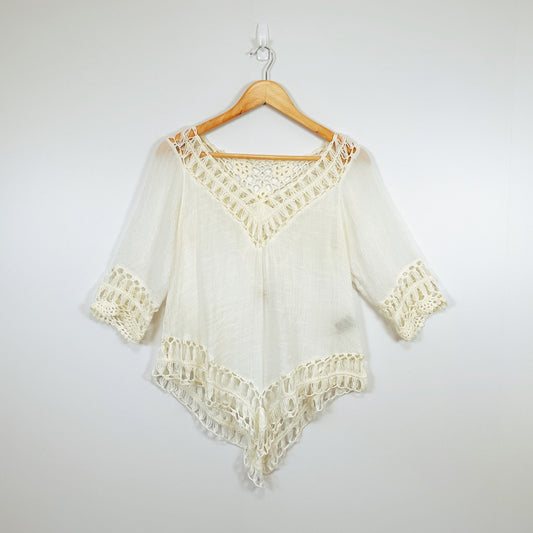 RedBerry Fashion-WHITE Cotton Fringe Boho Pullover 3/4 Sleeve