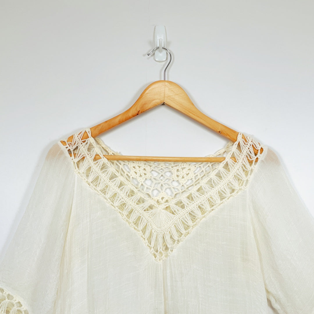 RedBerry Fashion-WHITE Cotton Fringe Boho Pullover 3/4 Sleeve