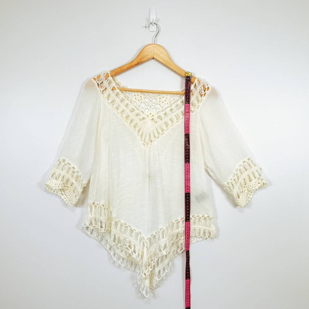 RedBerry Fashion-WHITE Cotton Fringe Boho Pullover 3/4 Sleeve