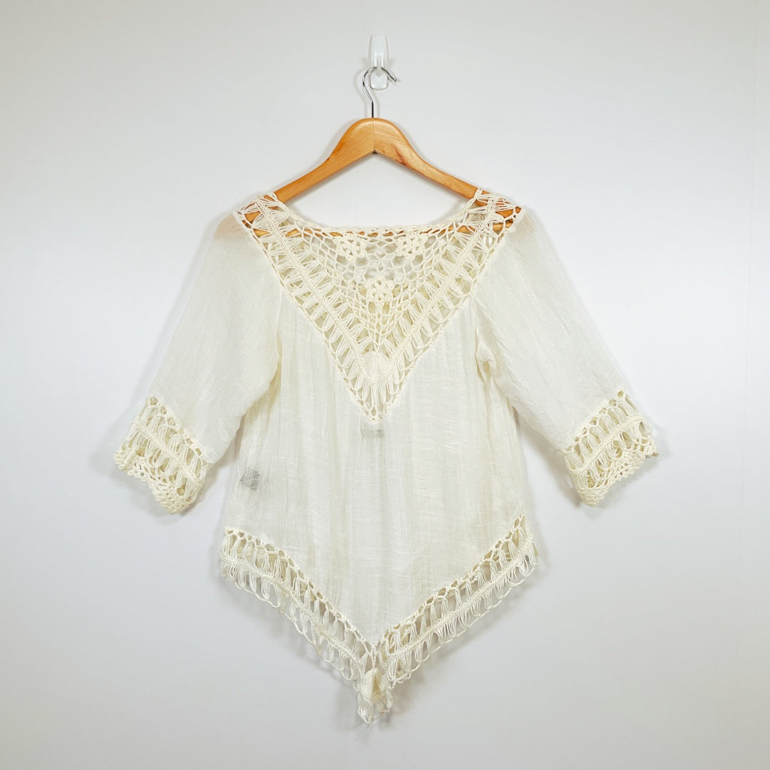 RedBerry Fashion-WHITE Cotton Fringe Boho Pullover 3/4 Sleeve