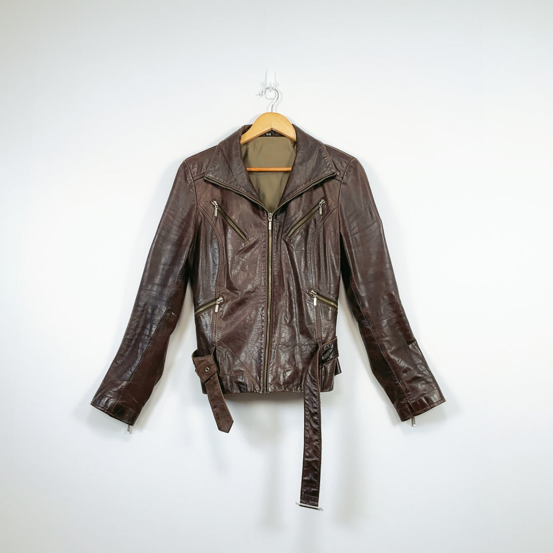 Vintage Dark Brown Leather Biker Jacket with Belt and Zip Details