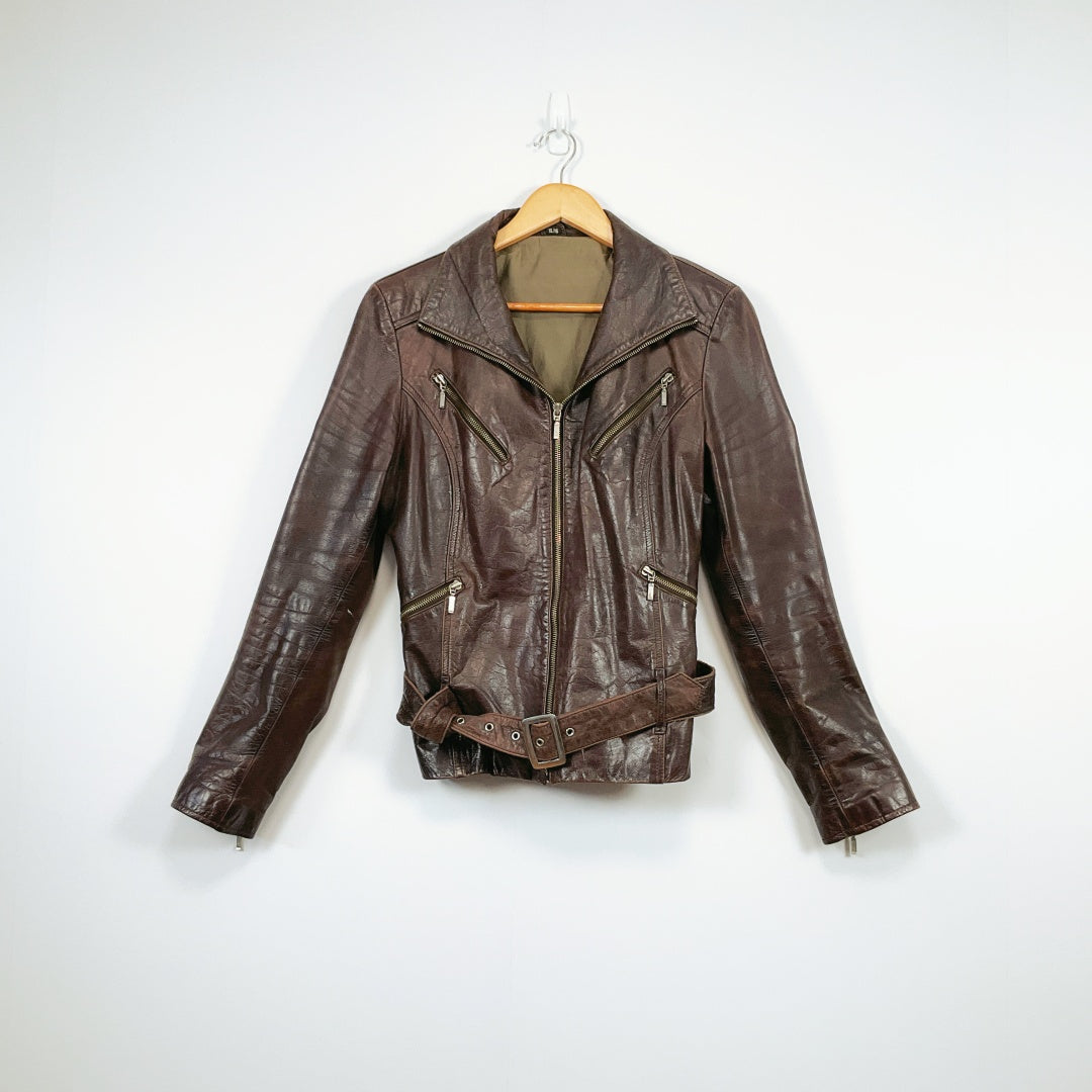 Vintage Dark Brown Leather Biker Jacket with Belt and Zip Details