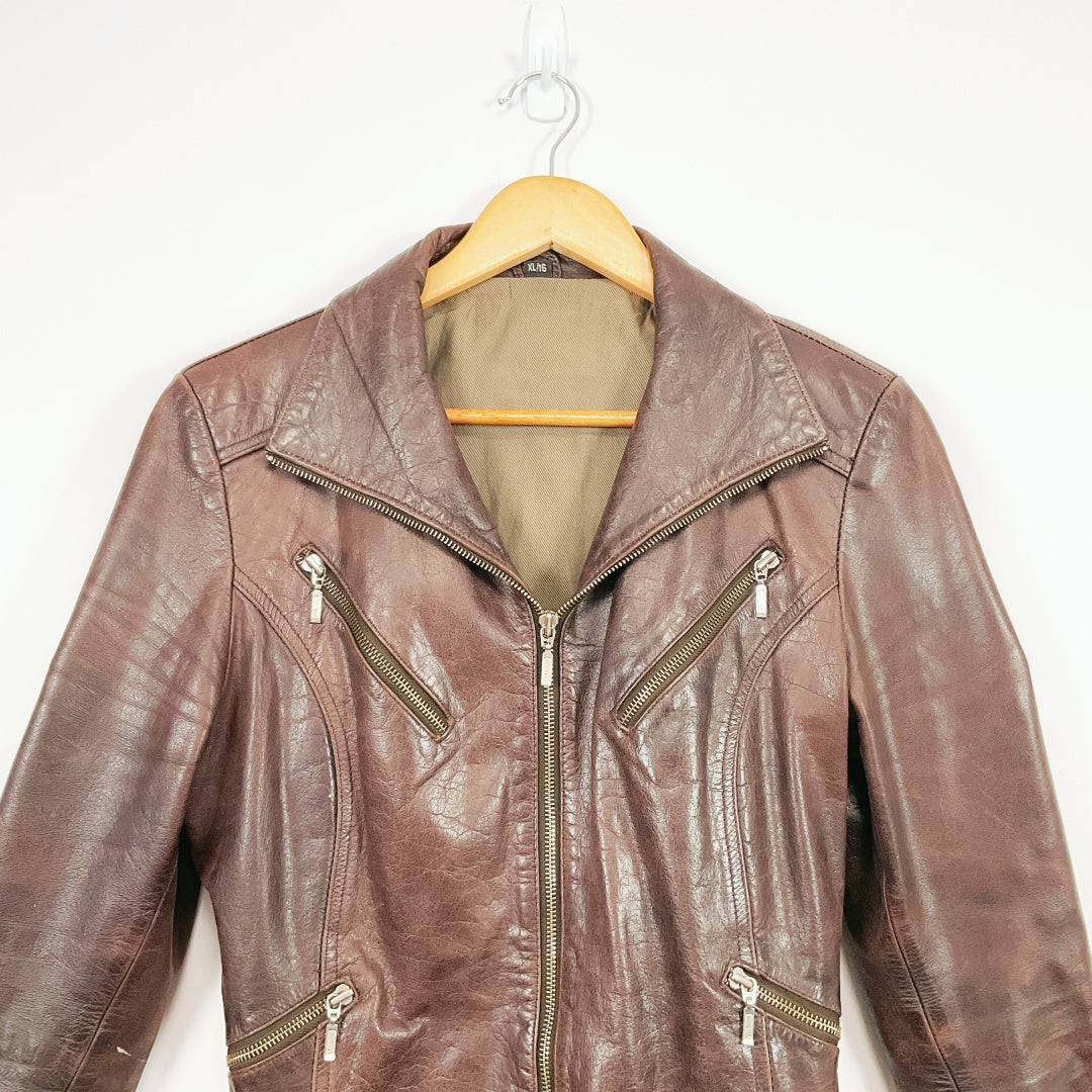 Vintage Dark Brown Leather Biker Jacket with Belt and Zip Details