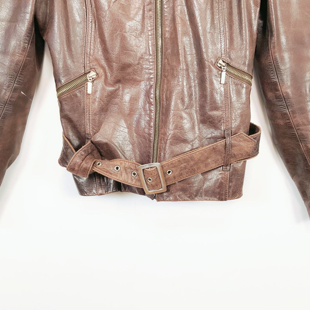 Vintage Dark Brown Leather Biker Jacket with Belt and Zip Details
