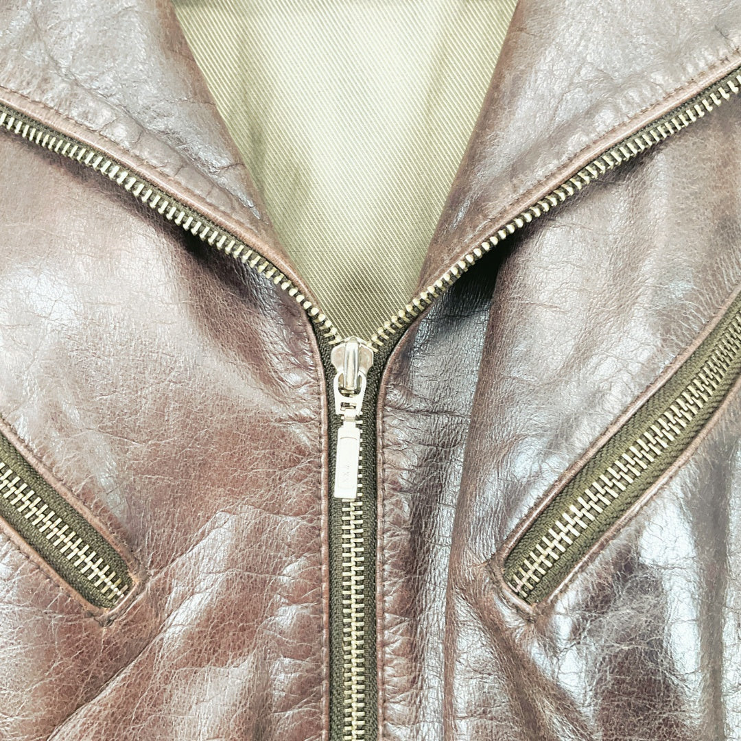 Vintage Dark Brown Leather Biker Jacket with Belt and Zip Details