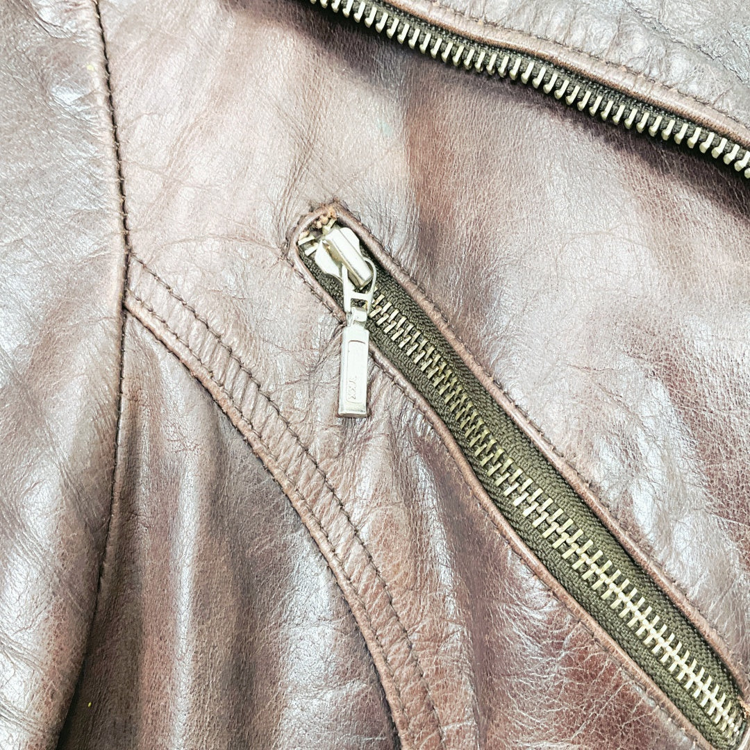 Vintage Dark Brown Leather Biker Jacket with Belt and Zip Details