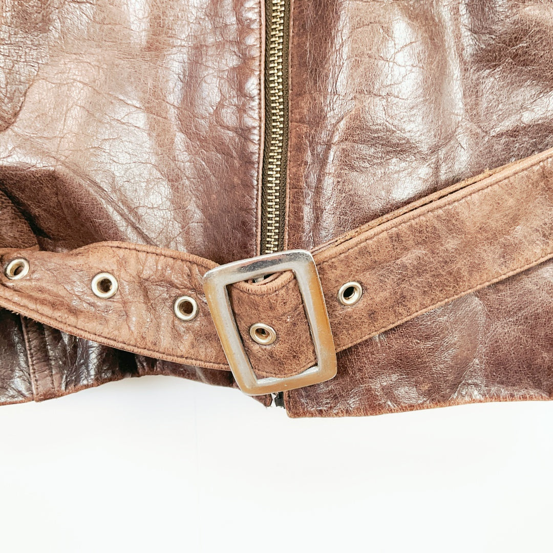 Vintage Dark Brown Leather Biker Jacket with Belt and Zip Details