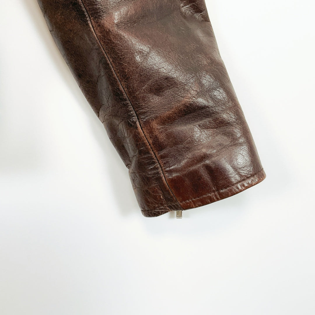 Vintage Dark Brown Leather Biker Jacket with Belt and Zip Details