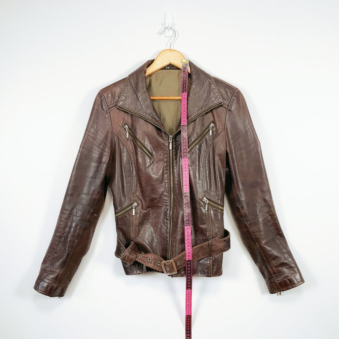 Vintage Dark Brown Leather Biker Jacket with Belt and Zip Details