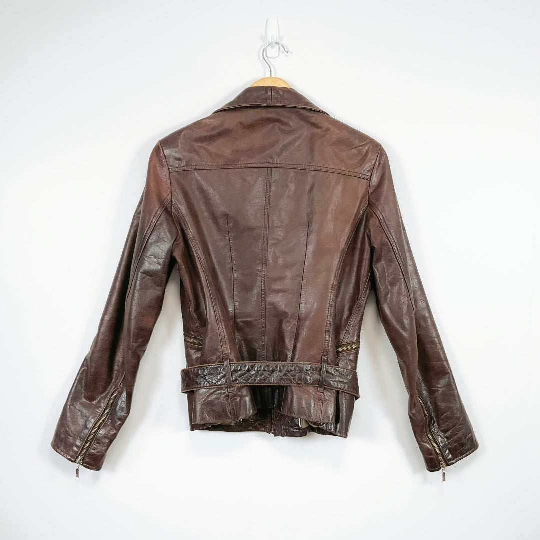 Vintage Dark Brown Leather Biker Jacket with Belt and Zip Details