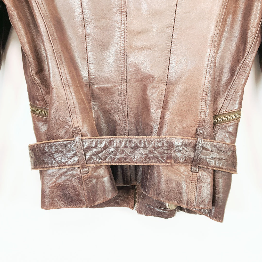 Vintage Dark Brown Leather Biker Jacket with Belt and Zip Details