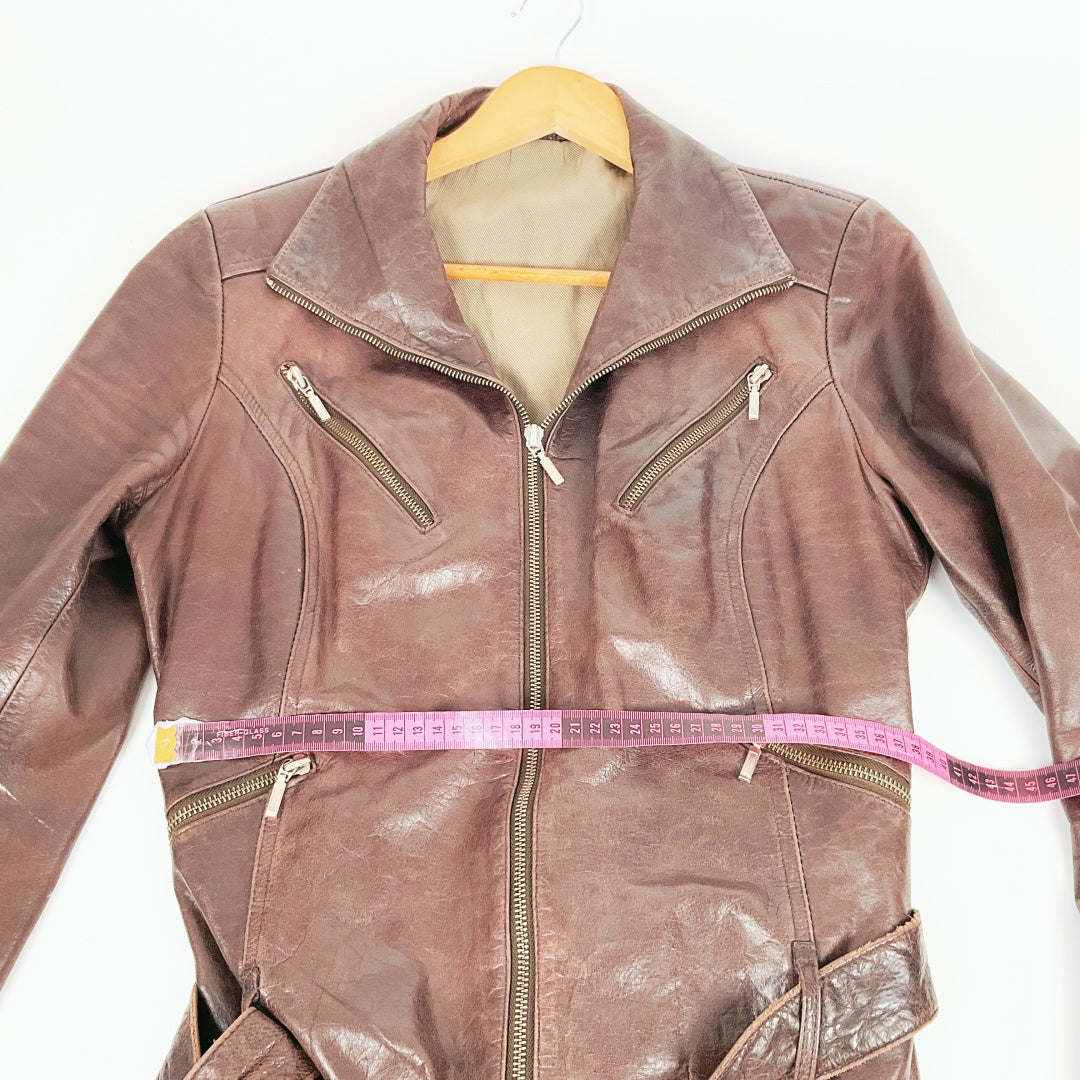 Vintage Dark Brown Leather Biker Jacket with Belt and Zip Details