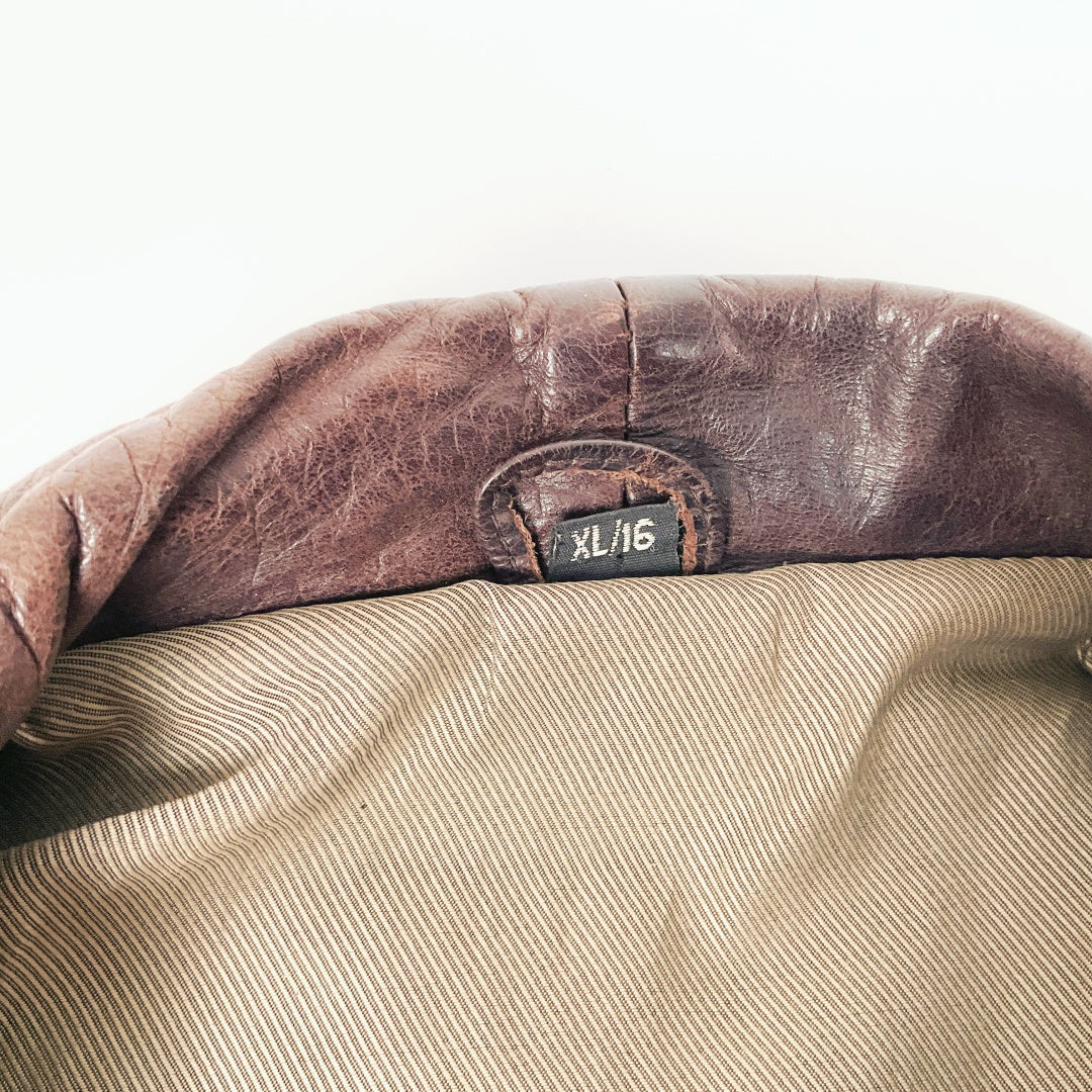 Vintage Dark Brown Leather Biker Jacket with Belt and Zip Details