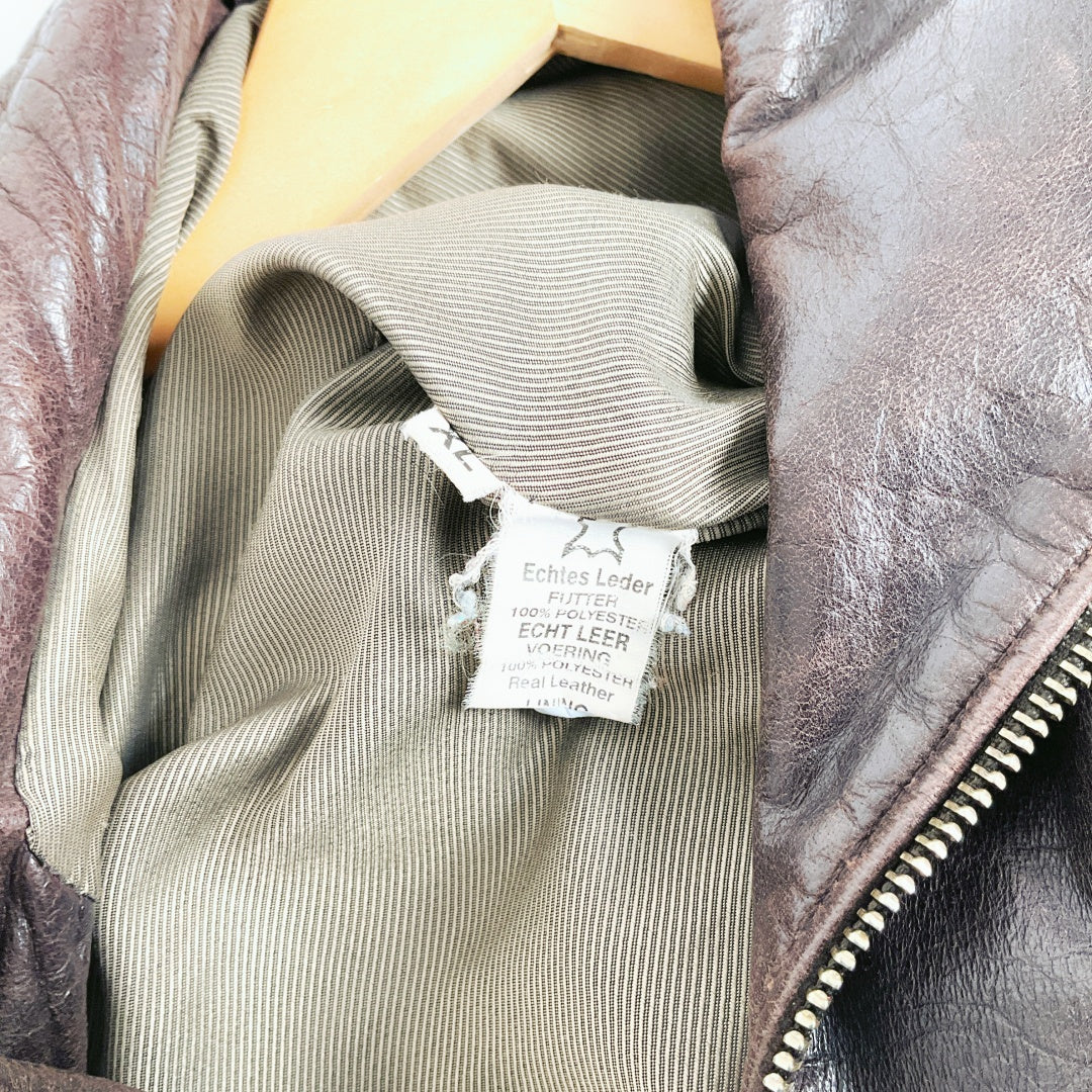 Vintage Dark Brown Leather Biker Jacket with Belt and Zip Details
