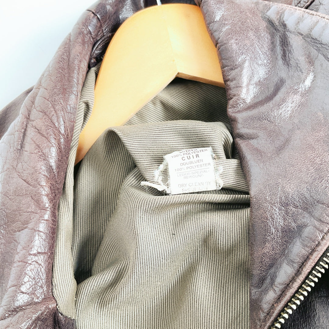 Vintage Dark Brown Leather Biker Jacket with Belt and Zip Details