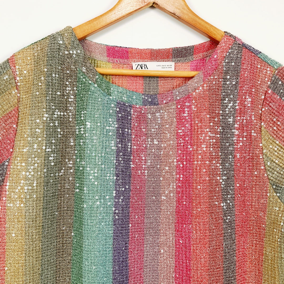 Zara - Rainbow Stripe Sequin Midi Dress