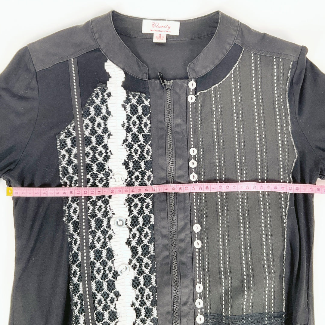 Clarity – Black Long Sleeve Lace & Stitch Detail Zip Front Top