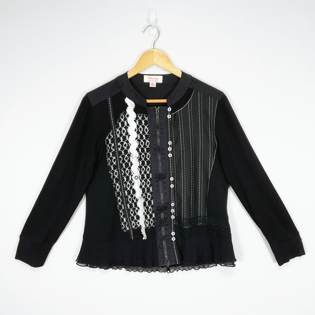 Clarity – Black Long Sleeve Lace & Stitch Detail Zip Front Top