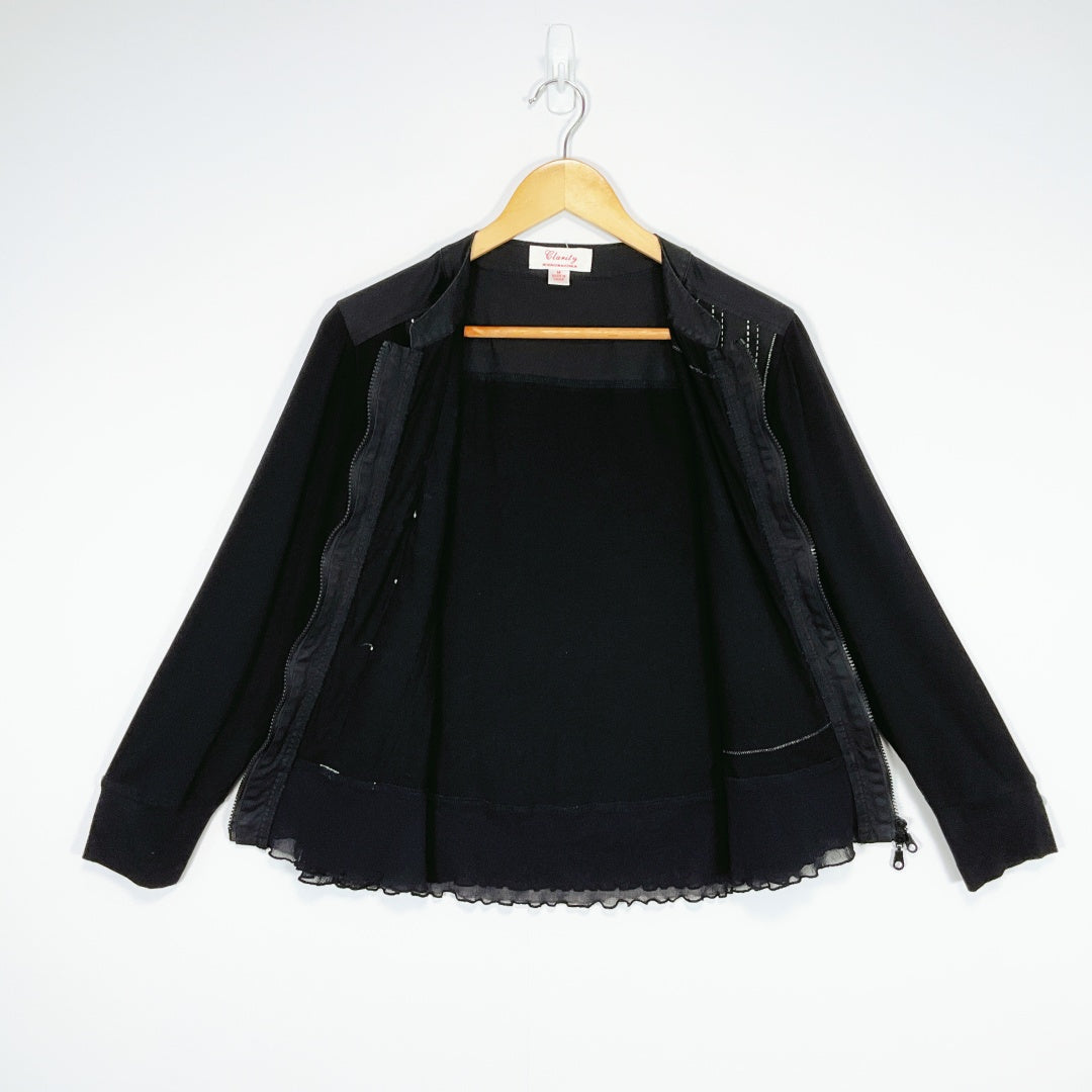 Clarity – Black Long Sleeve Lace & Stitch Detail Zip Front Top