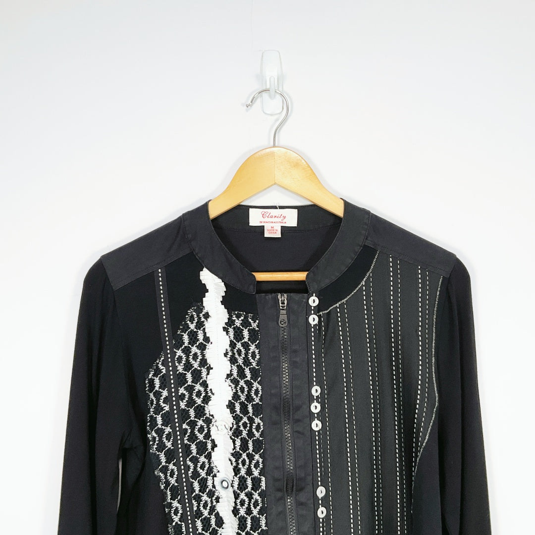 Clarity – Black Long Sleeve Lace & Stitch Detail Zip Front Top